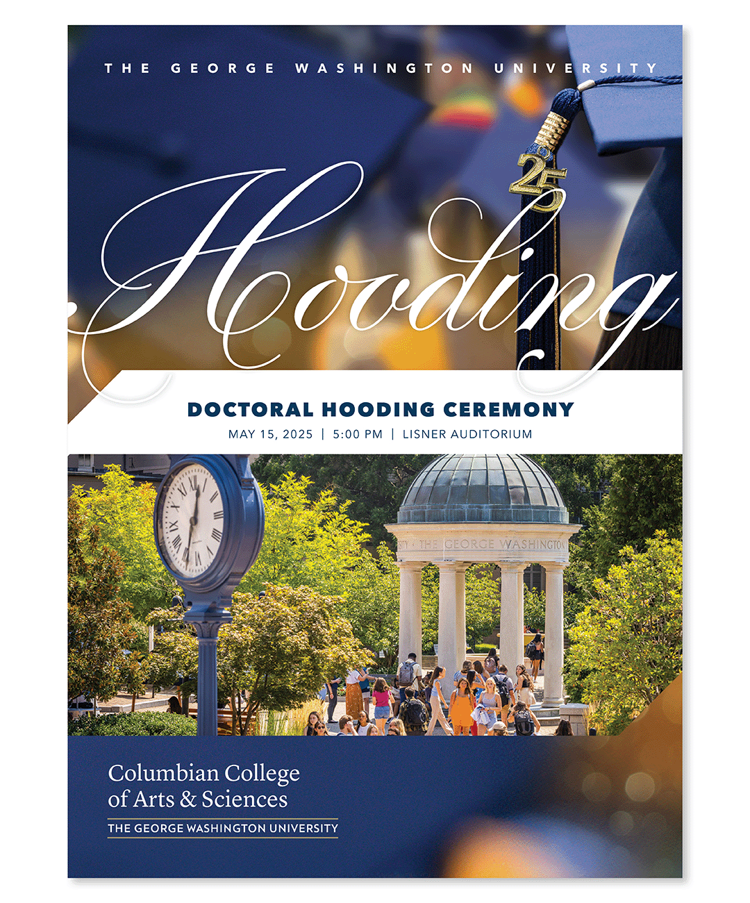 The George Washington University Celebration program book 2025: Doctoral Hooding Ceremony, with images of a graduation cap and the tempietto